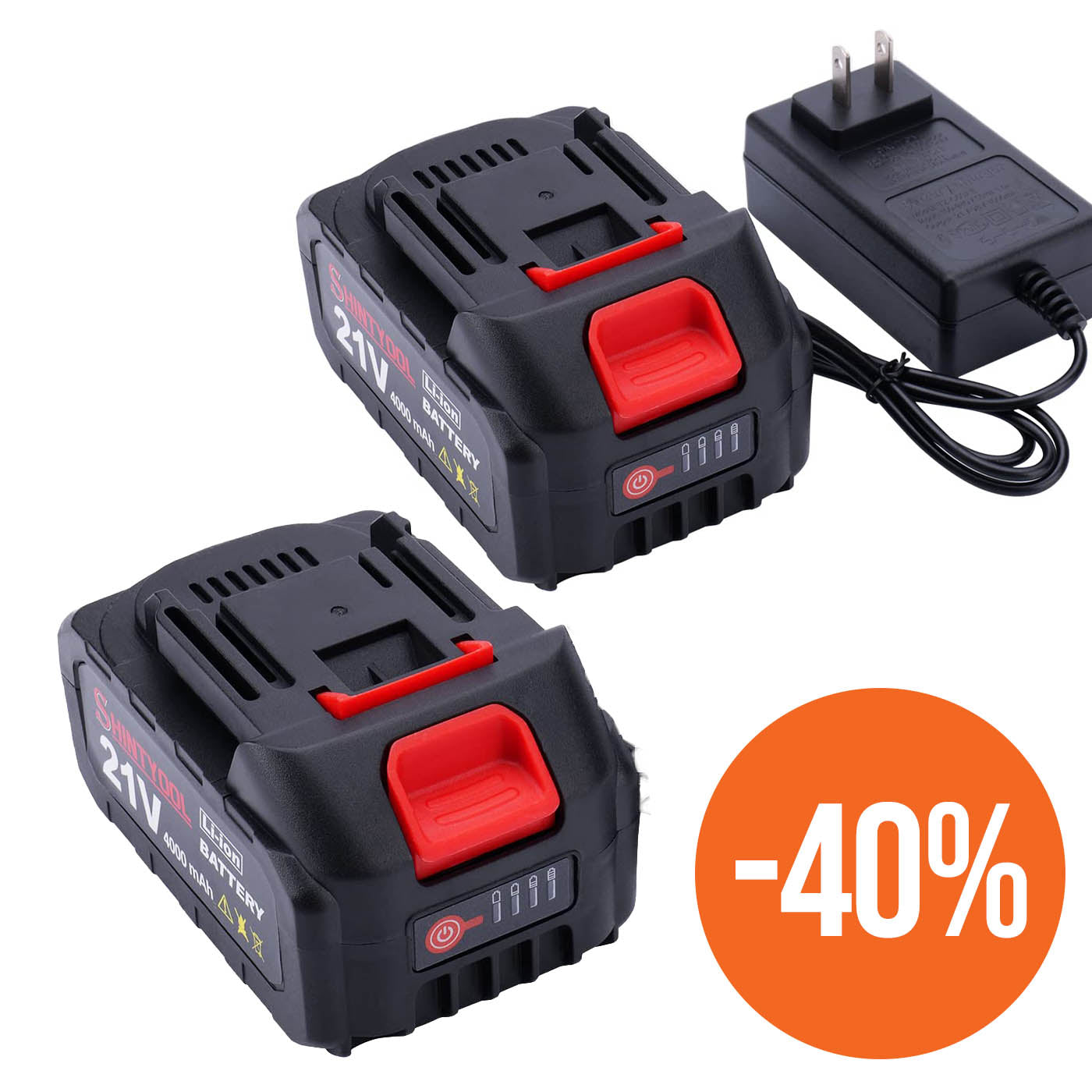 Fast Charger + 2* Seese 21V High Capacity Lithium Battery 4.0 Ah